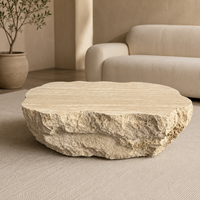 Table basse en travertin à profil bas avec plateau en pierre arrondi