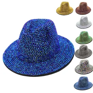 Custom 2022 New Design Colorful Turquoise Wool Felt Pearl Bright Small Waterproof Bling Solid Black Rhinestone Fedora Hats