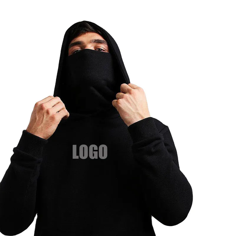 Essential Face Cover Hoodie Plain Printing Fleece White Pullover Sweatshirt with Face Cover Masked Hoodie For Men