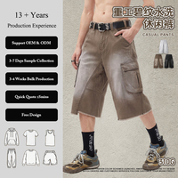 Shorts cargo amples délavés vintage en sergé 100 % coton à bords bruts et multi-poches pour homme – Style décontracté urbain