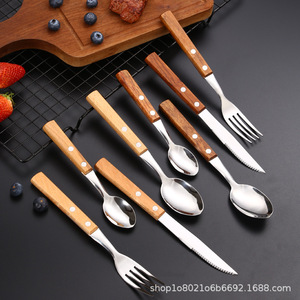 304 Stainless Steel Rosewood Handle <b>Knife</b> Fork Spoon Set 4 Pieces Serrated Edge Polished Blade For Restaurant Western Cuisine - Product Image 4