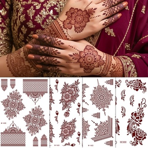 Tatouages au henné rouge brun, tatouages temporaires au henné pour femmes et adolescentes, tatouages factices Mehndi réalistes et imperméables pour mariage - Product Image 1