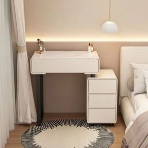 <span class=keywords><strong>Coiffeuse</strong></span> de chambre moderne et simple pour petits espaces avec miroir rond en verre, tiroirs intégrés et tabouret de maquillage - Product Image 6