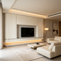 Meuble TV mural de luxe sur mesure avec fond en marbre et éclairage LED pour projets de personnalisation de salons modernes et luxueux