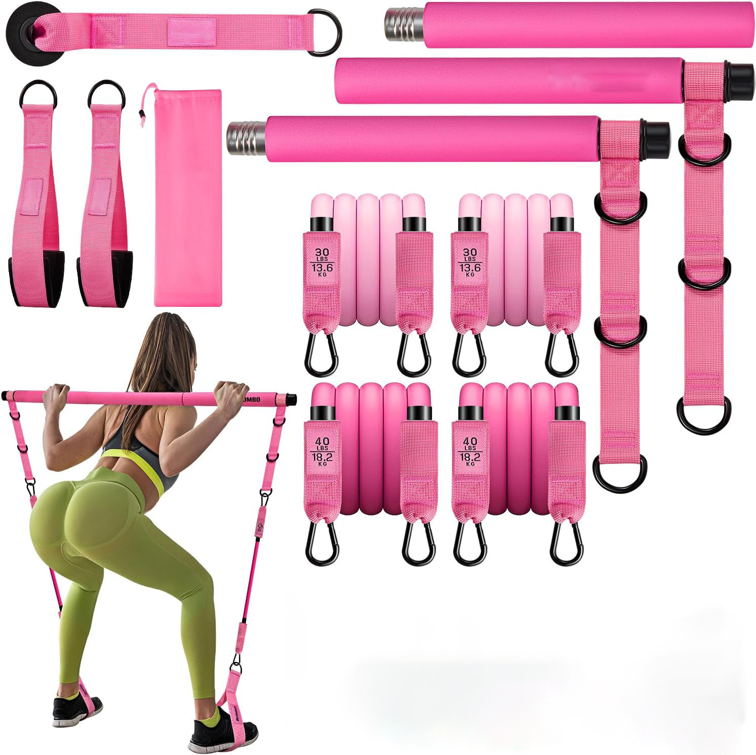 Barre de Pilates rose à trois sections et 4 tubes