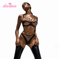 Dierlove Ensemble de Lingerie Premium Noir en Résille Transparente avec Soutien-gorge à Armatures, String à Coupe Haute Découpée et Porte-jarretelles, Motif Géométrique Unique, Lingerie de Renommée, Tendance et Élégant