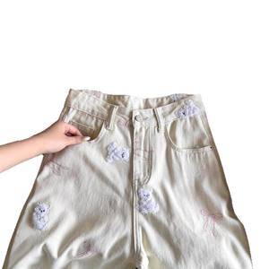 Pantalones de pana de algodón para mujer, de pierna recta, cintura alta, con bordado de oso y lazo, informales, para primavera y otoño - Product Image 4