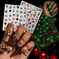 Autocollants 3D pour ongles, esthétique éblouissante, effet fluorescent nocturne, thème gothique d'horreur, crâne d'Halloween, non toxiques, pour la décoration de fête