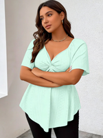 Kemeja Lengan Pendek Wanita Ukuran Besar Musim Semi Musim Panas Musim Gugur Polos 3D Kasual V-neck Berikat