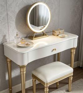 Luxury Gold Leg Dressing <b>Table</b> Set, White Solid Wood Makeup Vanity with LED Round <b>Mirror</b> & Stool for Bedroom Furniture Vanity Ta - Product Image 3