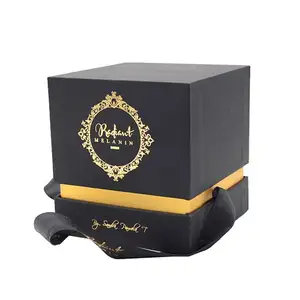 Tarros de vela con tapa y cajas, caja de regalo de papel de cartón con impresión personalizada, logotipo de papel de aluminio dorado, de lujo, negro