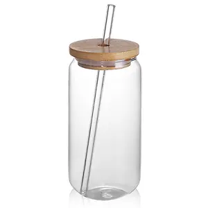 Vasos de vidrio de borosilicato transparente de 16oz, taza de café helada, té, vaso de agua, vasos de cerveza, lata de vidrio con tapa de paja
