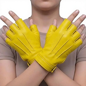 Gants de conduite unisexes en cuir de mouton jaune à demi-doigts avec sangle de poignet réglable, pour toutes les saisons et confortables - Product Image 4