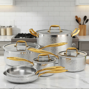 10 pezzi <span class=keywords><strong>Set</strong></span> pentole in acciaio inossidabile in oro e 3 strati martellati pentole e padelle in acciaio inossidabile per cucina domestica - Product Image 1