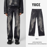 Pantalon en jean Y2K futuriste streetwear personnalisé en gros, imprimé graphique vintage noir, coupe ample, pour hommes