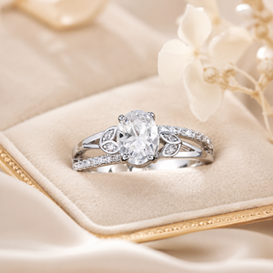 Anello con gemma taglio ovale e fiore, montatura pavé, elegante gioiello da donna per occasioni speciali - Product Image 5