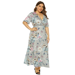 Venta al por mayor <span class=keywords><strong>Mujer</strong></span> Plus tamaño Floral impresión V profundo lazo de la cintura manga corta vestido Maxi - Product Image 4