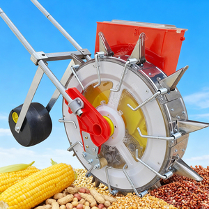 Semoir manuel à poussoir avec trémie en plastique rouge, châssis métallique et transmission par engrenages, pour maïs, arachides et haricots - Product Image 1