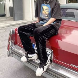 กางเกงทรงหลวมผ้ากำมะหยี่แนวสตรีทสำหรับผู้ชายกางเกงกีฬามีซิปสีทึบกางเกงผ้ากำมะหยี่แบบลำลอง - Product Image 3