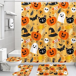 Rideau de Douche en Polyester Imprimé Numérique Motif Citrouilles d'Halloween et Chats Orange, Imperméable, Impression Personnalisée, Vente en Gros, Moderne - Product Image 2