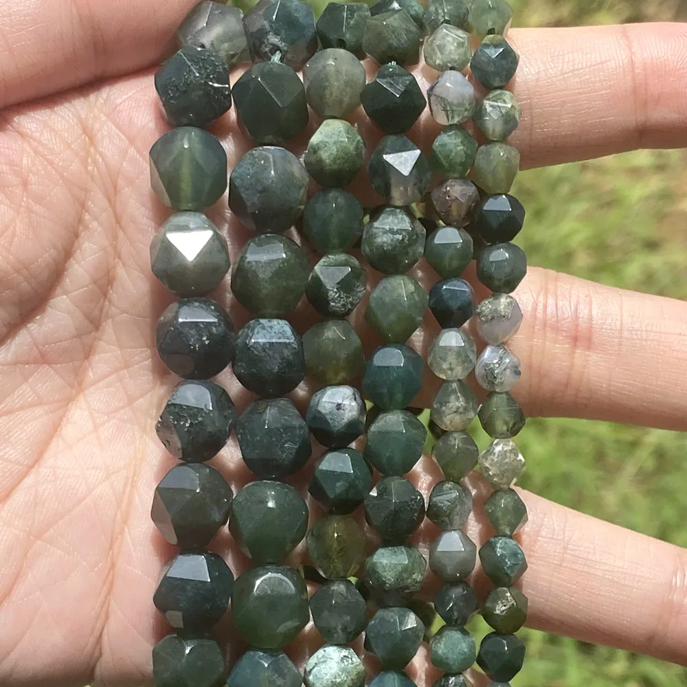 AsVrai U Natural Stone Beads Faceted Green Agate Round Loose Spacer Bead For Jewelry Making DIY Handmade Bracelet Necklace