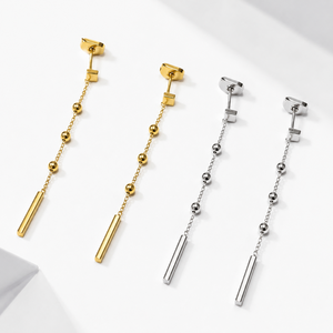 Boucles d'oreilles pendantes à chaîne linéaire en acier inoxydable, plaquées or 14 carats sous vide, avec barres géométriques perlées, couleur or et argent - Product Image 1