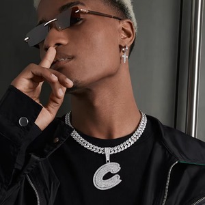 <span class=keywords><strong>Collana</strong></span> con Pendente Personalizzato Hip Hop <span class=keywords><strong>Lettera</strong></span> <span class=keywords><strong>C</strong></span> VVS Moissanite, Argento 925 Placcato Platino, Stile Iced Out Cuban Link, Gioielleria Fine - Product Image 1