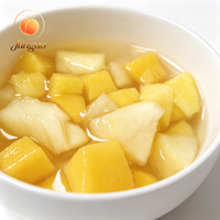 Premium fruitblokjesmix in blik, gemaakt van verse ananas, gele perzik en peerblokjes