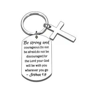 Be Strong and Courageous Pendant Cross Charm Inspirational Bible Verse Keychain Christian Religious Gift Keyring