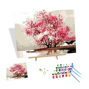Pittura moderna del paesaggio con i numeri grandi alberi e <span class=keywords><strong>case</strong></span> pittura su tela digitale fai da te con i numeri per principianti - Product Image 1