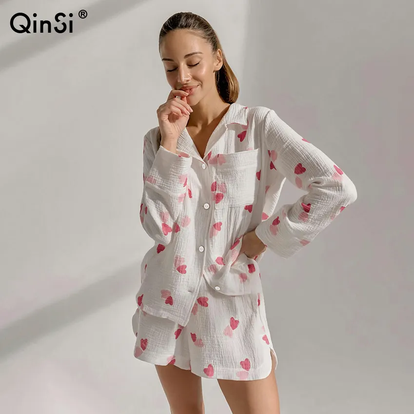 Qinsi Cotton 2 Mảnh Phụ Nữ Quần Và Top Set Womens Đồ Ngủ In Dài Tay Áo Hàng Đầu Và Ngắn Bông Đồ Ngủ Giản Dị Loungewear