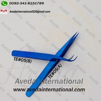 Pinzas de Acero Inoxidable de Alta Calidad para Extensión de Pestañas, Delgadas, Largas, con Punta Puntiaguda, Color Azul Plasma, Personalizables con Marca
