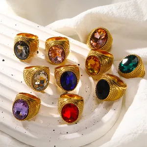 Perhiasan bagus cincin klasik baja tahan karat 18K batu kristal lapisan emas cincin ruby kristal perhiasan pria
