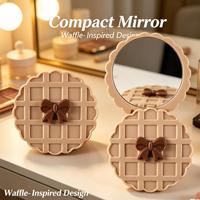 Miroir de maquillage pliable en forme de gaufre, mignon, compact, avec nœud, portable, petit miroir de voyage pour filles