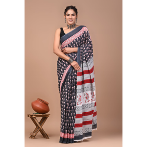 Sari de Algodón Mulmul Estampado con Blusa a Juego, Sari de Algodón Mulmul Ligero y Elegante - Cómodo para Uso Diario - Product Image 3