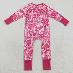 Infant <b>Baby</b> Girl Hot Pink Bows Print Cotton Spandex Long Sleeve Zipper Romper ODM Wholesale Winter Warmth Sleeper Set - Product Image 2