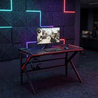 Bureau de jeu pour ordinateur moderne en métal noir en forme de K avec éclairage LED RGB pour ordinateur portable/PC et crochets pour casque