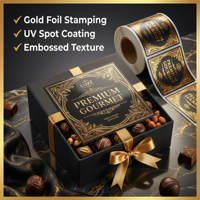 Étiquette alimentaire personnalisée de luxe en feuille d'or, autocollant UV gaufré pour emballage de coffret cadeau de caviar et de truffes gastronomiques