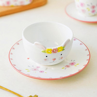 Service de table en céramique émaillée Lapin de Pâques, motif floral et animalier, assiettes, bols, tasses, théière, style nordique frais et mignon pour le printemps