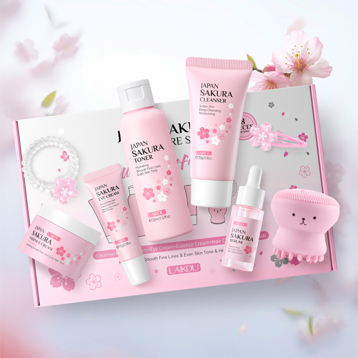 LAIKOU 8PCS 日本桜スキンケアセット - フェイス用クリーニングブラシ 