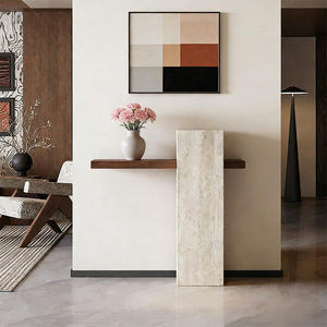 <span class=keywords><strong>Console</strong></span> moderne minimaliste en travertin avec plateau en bois de noyer, <span class=keywords><strong>table</strong></span> <span class=keywords><strong>console</strong></span> en pierre naturelle pour couloir, hôtel ou maison - Product Image 1