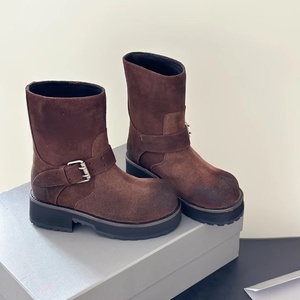 Women Vintage Washed Suede Mid Calf Biker <b>Boots</b> Metal Buckle Decor Chunky Platform Motorcycle <b>Boots</b> Street Fashion Shoes - Product Image 2