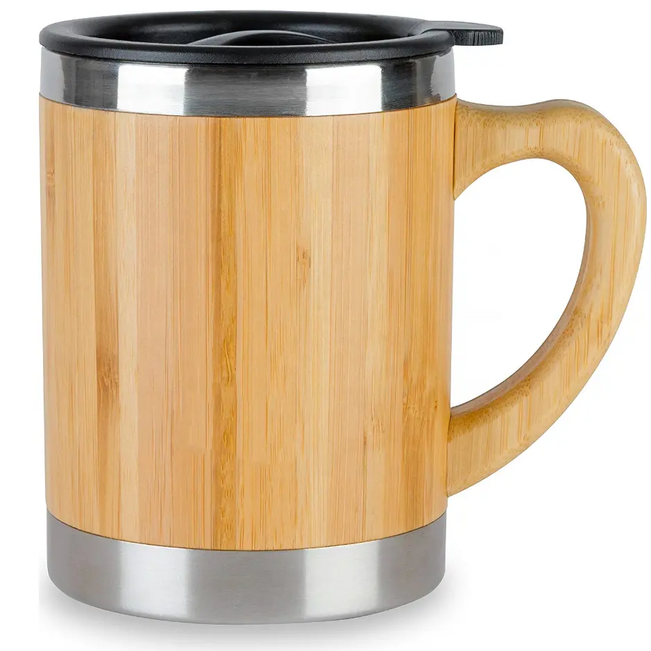 HC-1008, Manufactory Stainless Steel And Bamboo Coffee Mug Gift Beer Mug With 13.5 unzen 200-300ml With Bamboo Handle Travel Mug