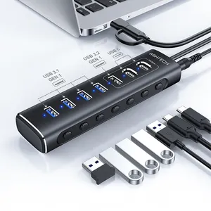 RSHTECH 7-en-1 carcasa de aleación de aluminio USB 3,0 Powered Hub 12V/2A conector conmutable estación de acoplamiento USB hub 7 puertos para Macbook