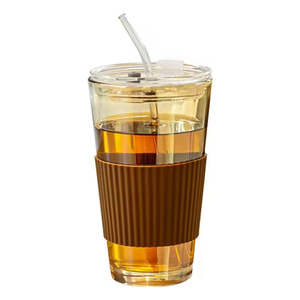 Mug de voyage réutilisable isotherme noir de 16 oz, verre à boire ambré pour café froid avec couvercle et paille en verre - Product Image 1