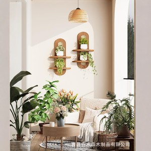 Wooden Bohemian-style wall-mounted <b>shelf</b>, two-tier rattan decorative <b>shelf</b>, living room/<b>bedroom</b> plant storage rack - Product Image 3