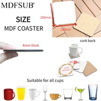 Sous-verre carré en MDF moderne de 4 mm d'épaisseur pour sublimation, diamètre 100 mm, avec support en liège écologique