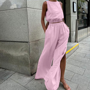 Abbigliamento estivo da donna per la casa in cotone rosa senza <span class=keywords><strong>maniche</strong></span> pigiama due pezzi a manica corta <span class=keywords><strong>con</strong></span> pantaloni <span class=keywords><strong>lunghi</strong></span> - Product Image 6
