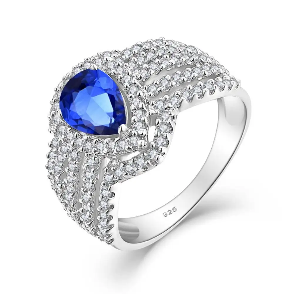 Anillo de zafiro azul y Diamante en forma de pera, doble Halo, 14K, oro sólido