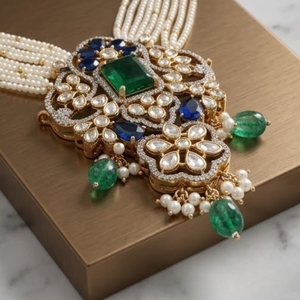 Luxury 925 Silver Beaded <b>Necklace</b> Set with Emerald Cut Stones and Seawater Pearls for Women Flower Pattern Strand - Product Image 4